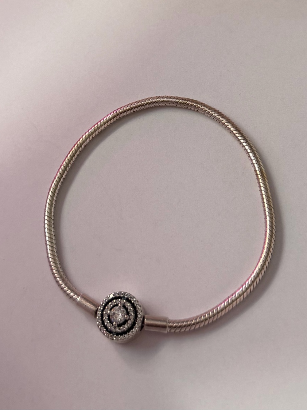 Pandora Silver Snake Chain Charm Bracelet with Pave Circle Clasp